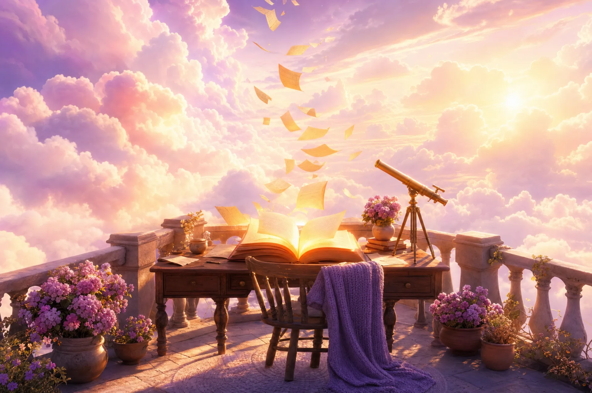 A writing desk at the edge of the sky, pages lifting into the clouds